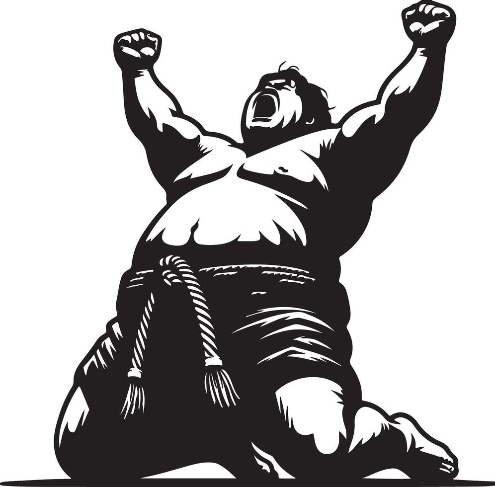 A sumo wrestler kneeling with arms raised in victory, wearing a mawashi in black and white vector
