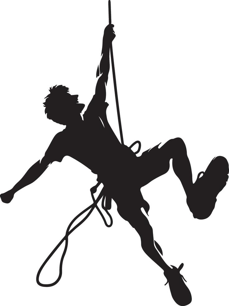 Silhouette of a man climbing a rope with shorts and shoes against a white background vector