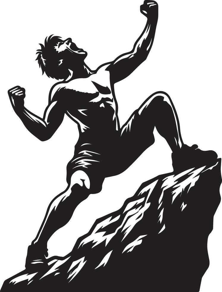 Man in silhouette celebrating on a rocky peak with arms raised and mouth open wide vector