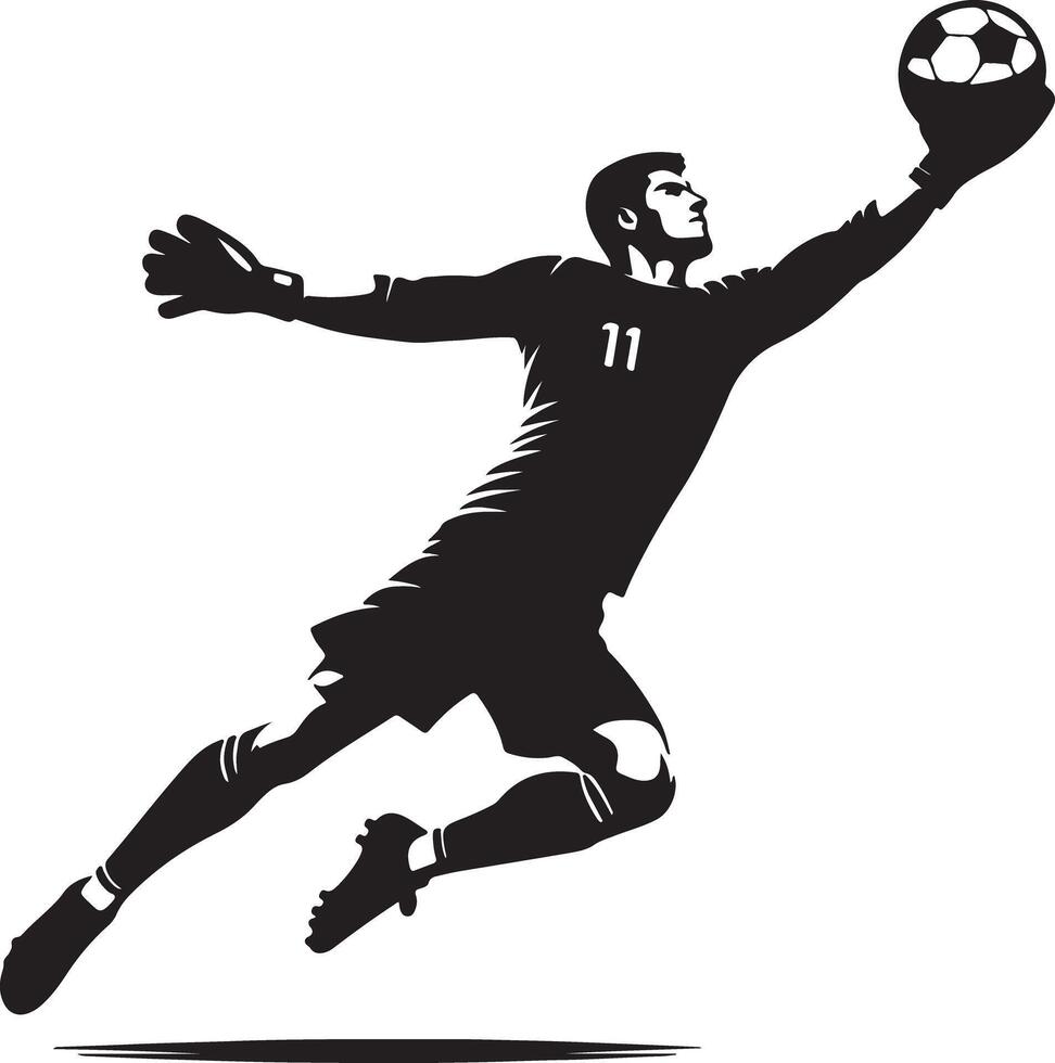 A black and white silhouette of a soccer goalie reaching for a soccer ball in the air vector