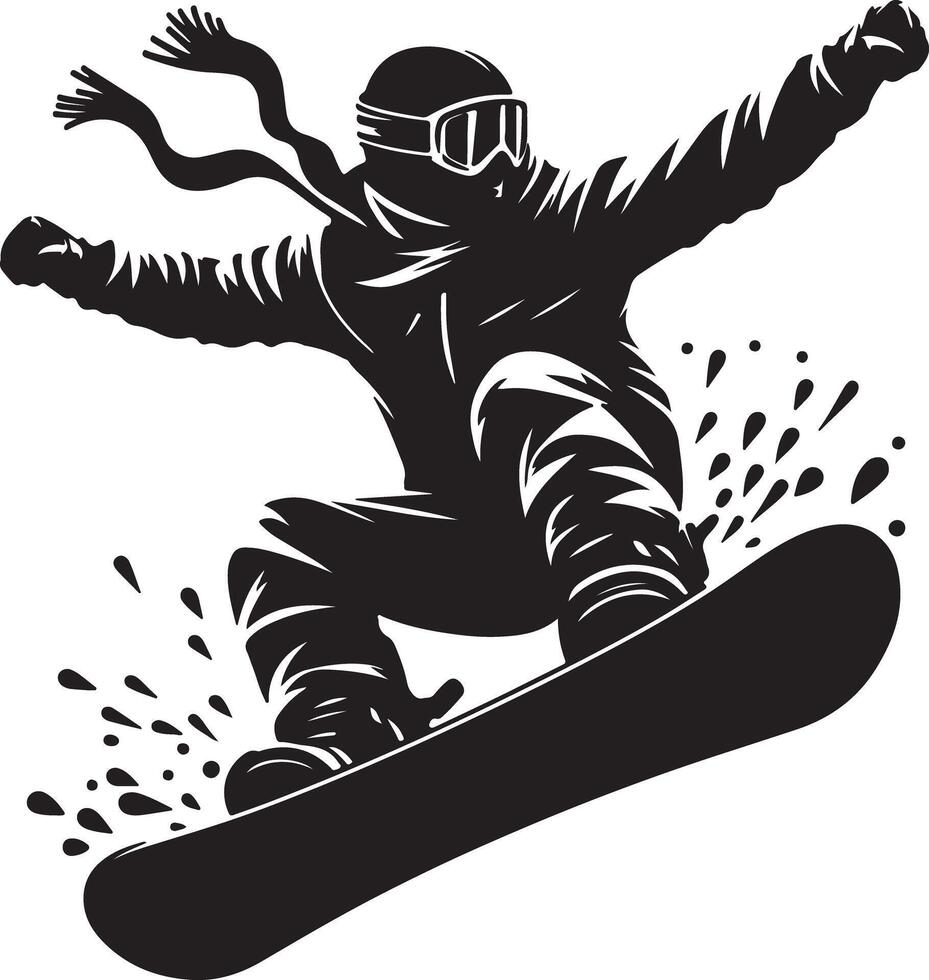 Silhouette of a snowboarder in action with scarf and goggles on a white background vector