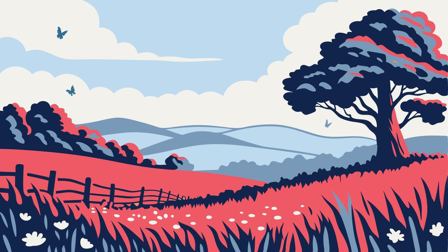 Illustration of a landscape with a tree, fence, flowers, hills, and butterflies vector