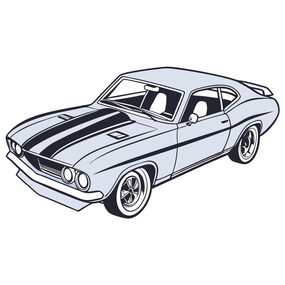 Illustration of a light blue classic muscle car with black racing stripes on a white background vector