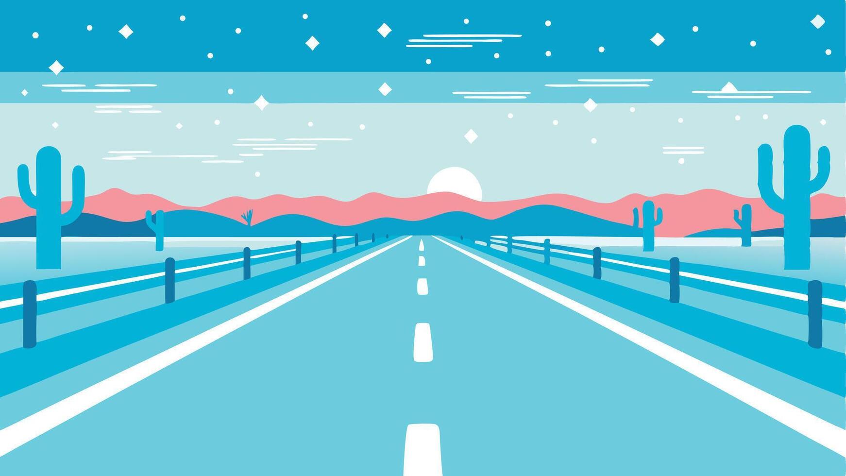 A stylized desert landscape with a road leading towards mountains and the sun vector