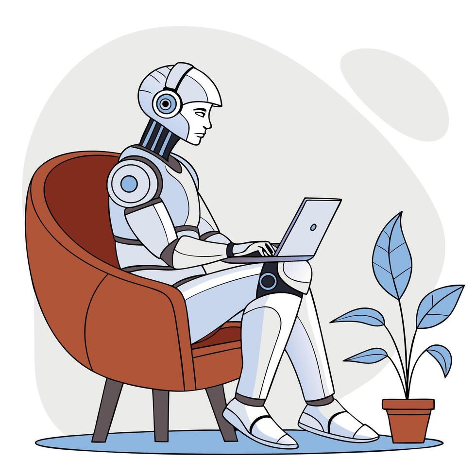 A robot sitting in a chair with a laptop next to a plant in a pot on a blue rug vector