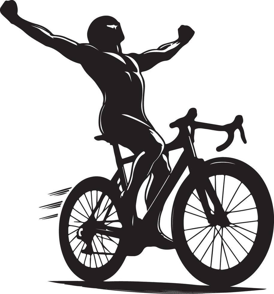 A cyclist in black and white with arms raised in victory on a racing bicycle art vector
