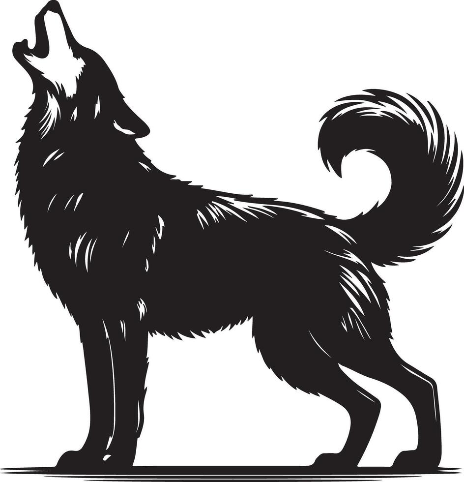 Illustration of a black and white wolf howling with its head raised to the sky art vector
