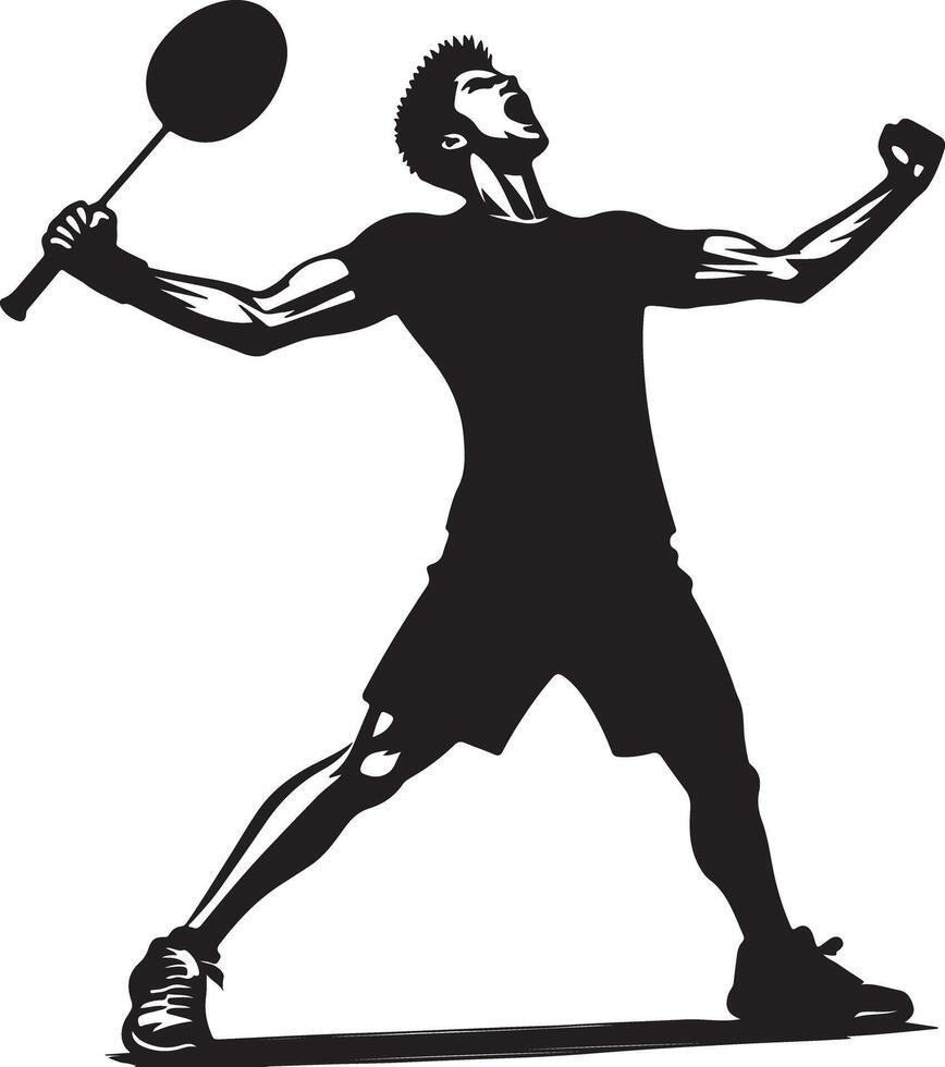 A black and white silhouette of a man celebrating with a badminton racket raised high vector
