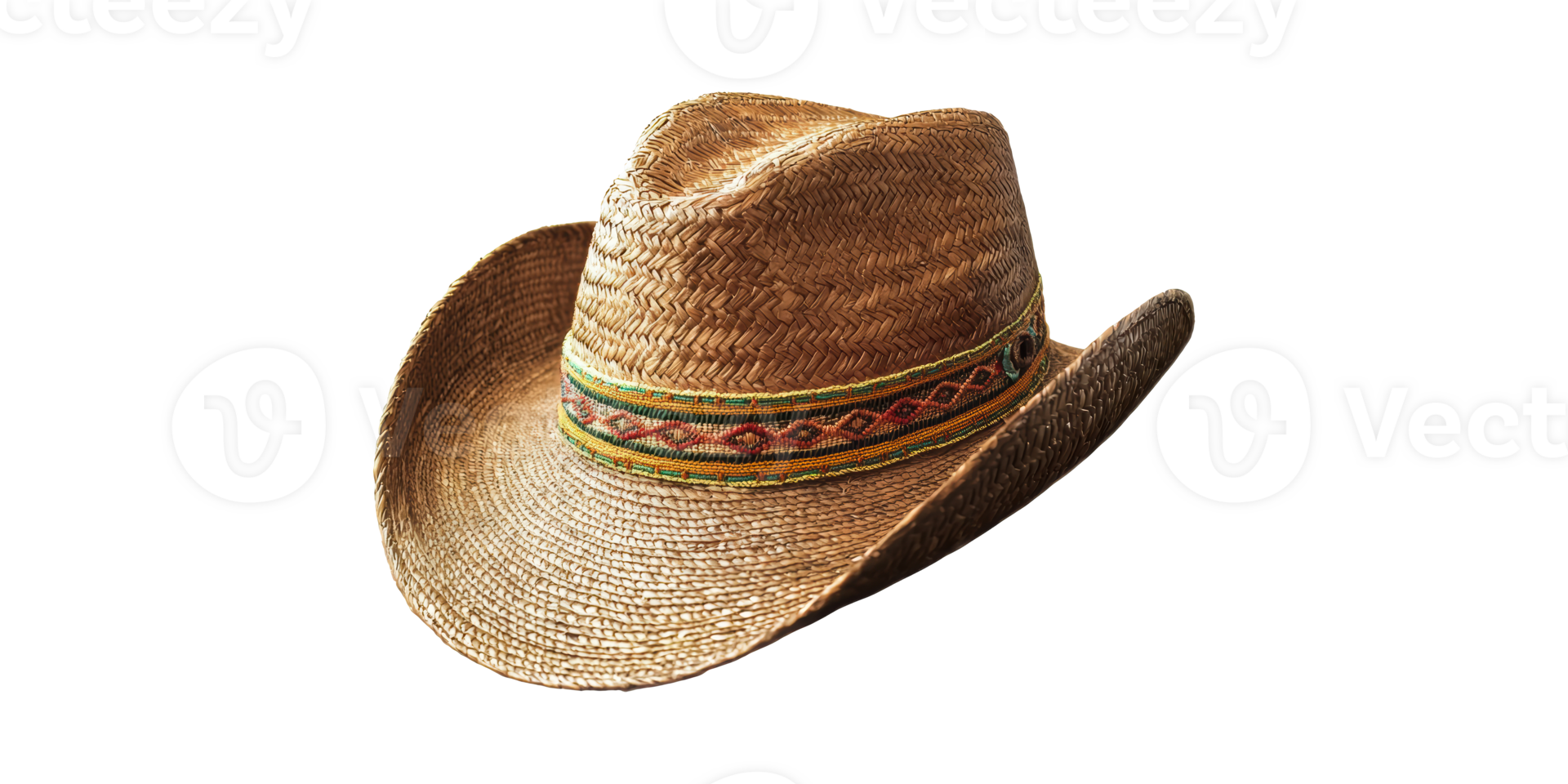 Straw Cowboy Hat With Colorful Band. Western Style And Rustic Fashion Accessory Isolated On Transparent Background png