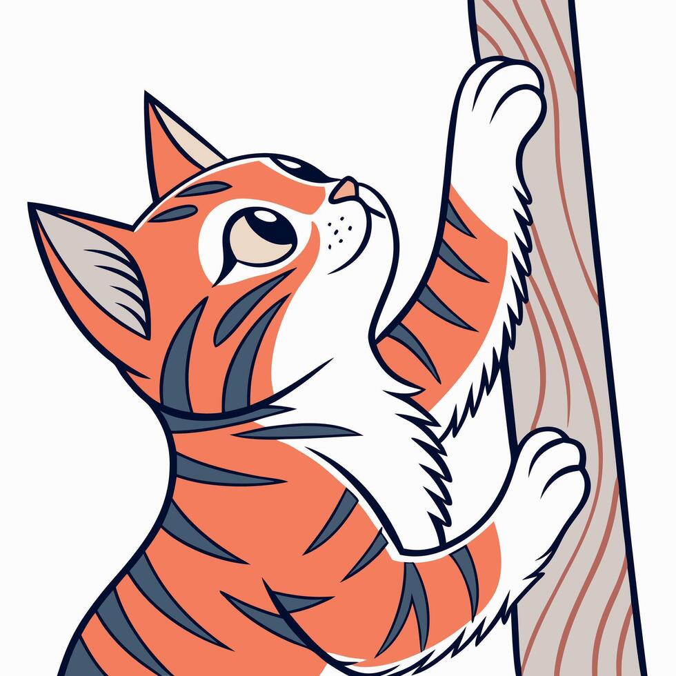 An orange and white cartoon cat reaching up a wooden scratching post with dark stripes vector