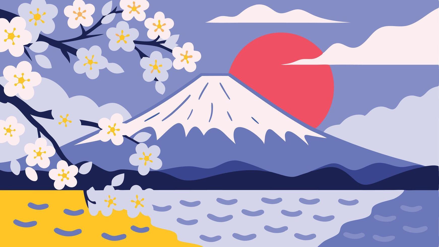 Illustration of mount fuji with cherry blossoms and a red sun in a flat style vector