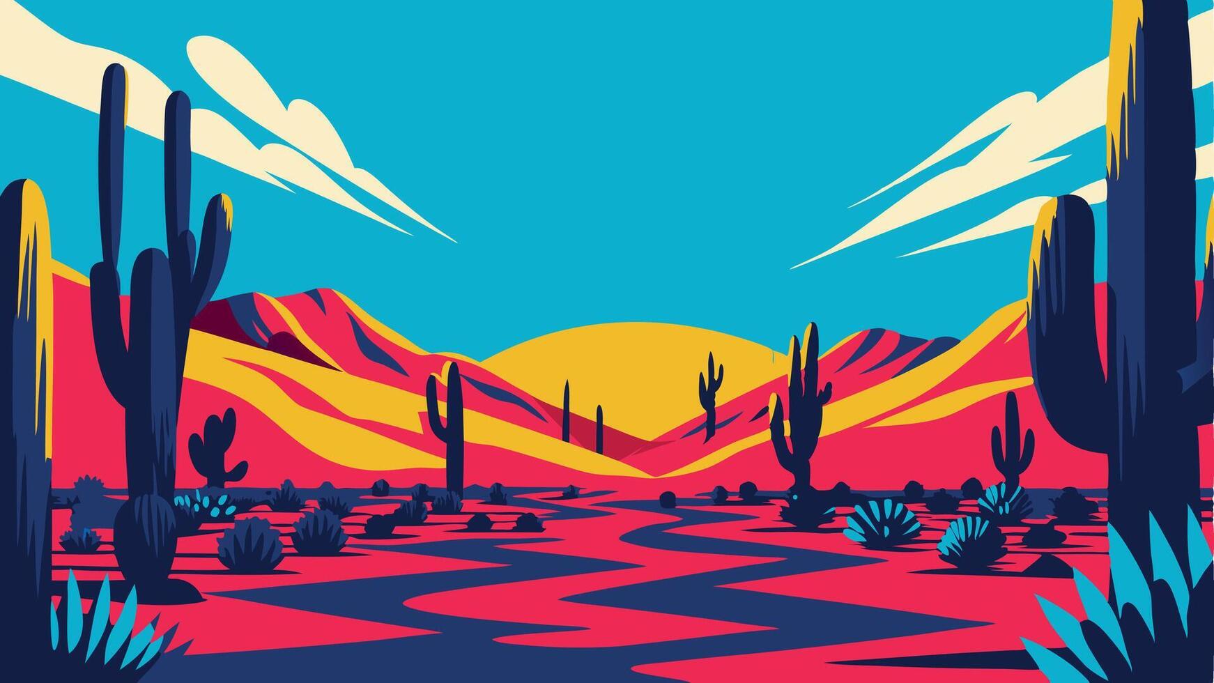 A vibrant desert landscape with saguaro cacti, mountains, and bright blue sky above vector