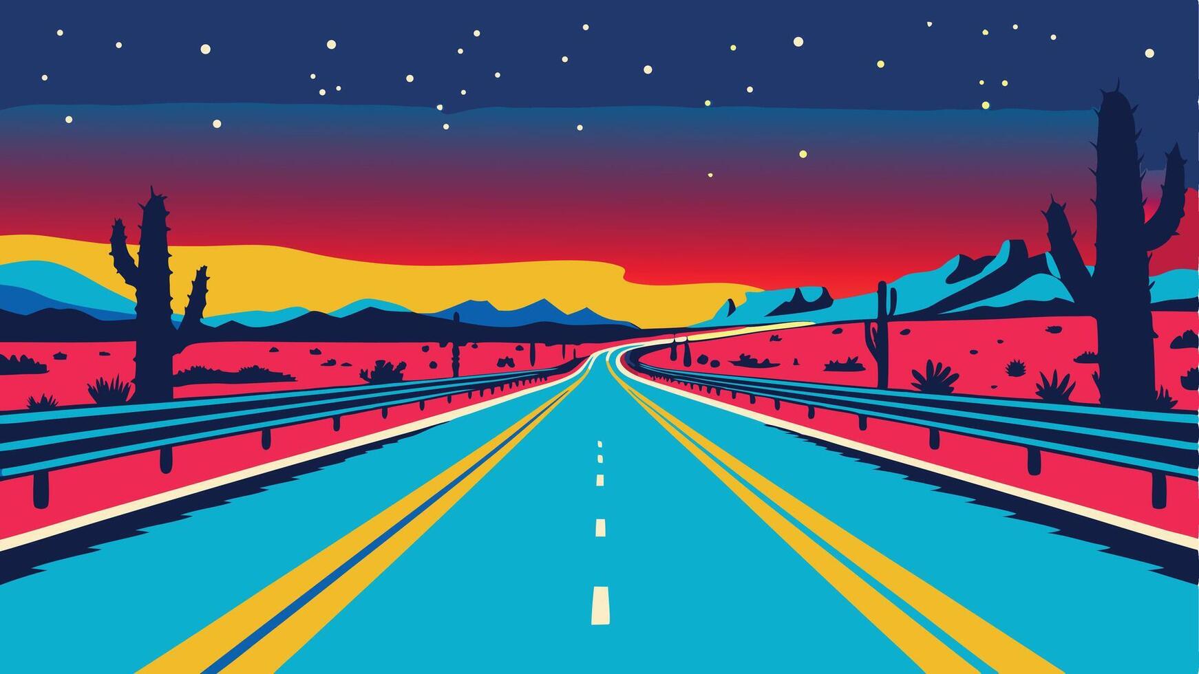 A vibrant desert road landscape with cacti, mountains, and a starry night sky above vector