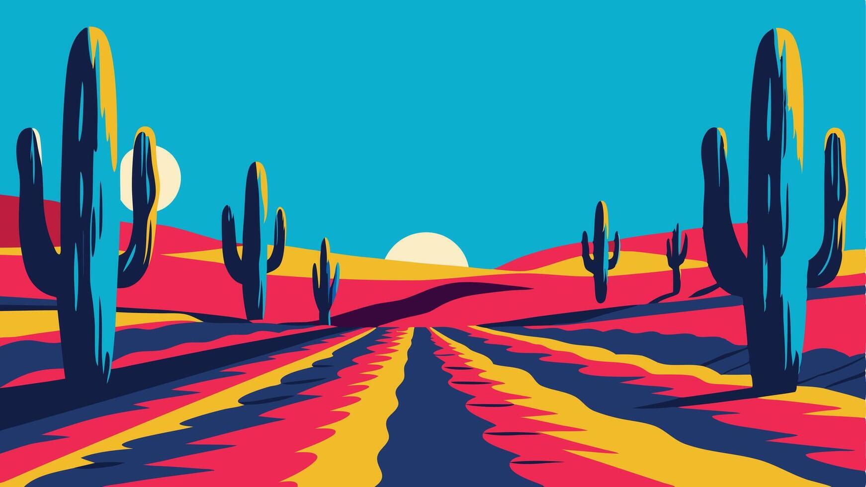 Stylized desert landscape with cacti, sun, and colorful ground and clear blue sky vector