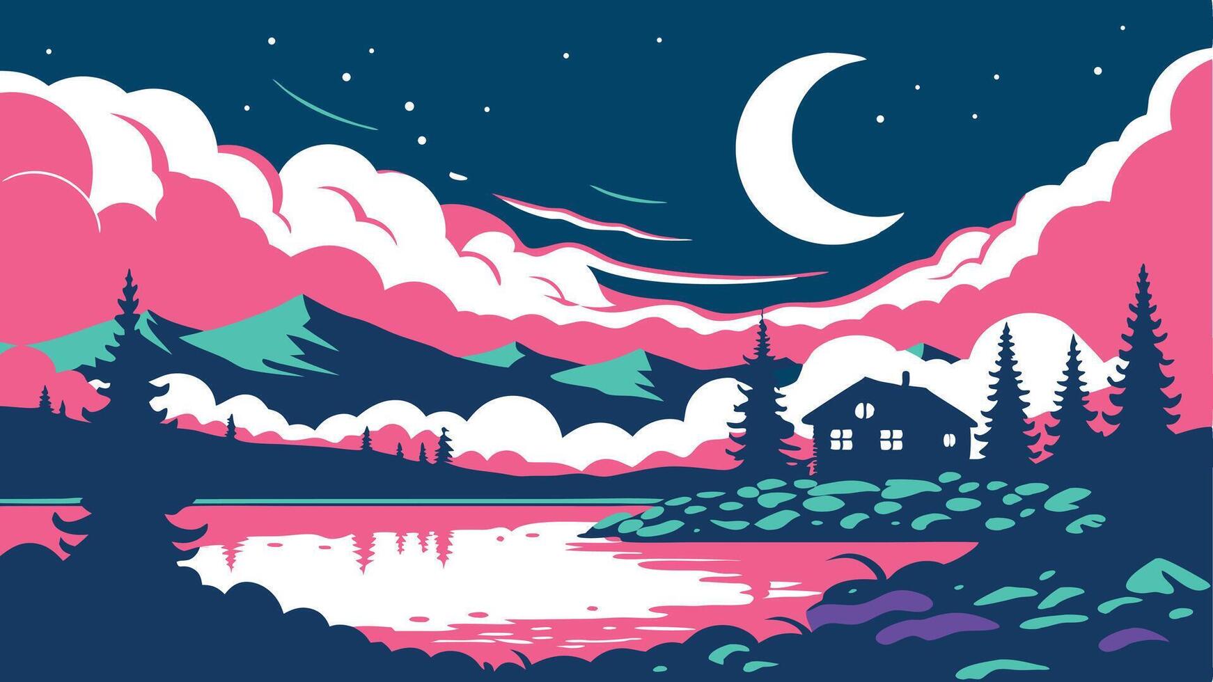 Night landscape with lake, house, trees, mountains, moon, and pink clouds scenery vector