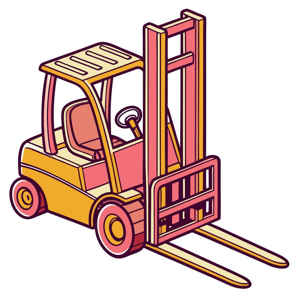 A cartoon style illustration of a yellow and pink forklift on a white background vector