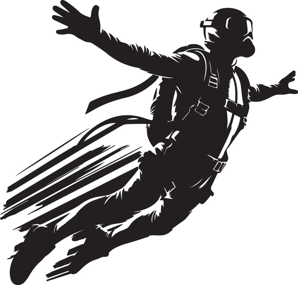 A stylized monochrome illustration of a skydiver in full gear in mid air motion blur vector