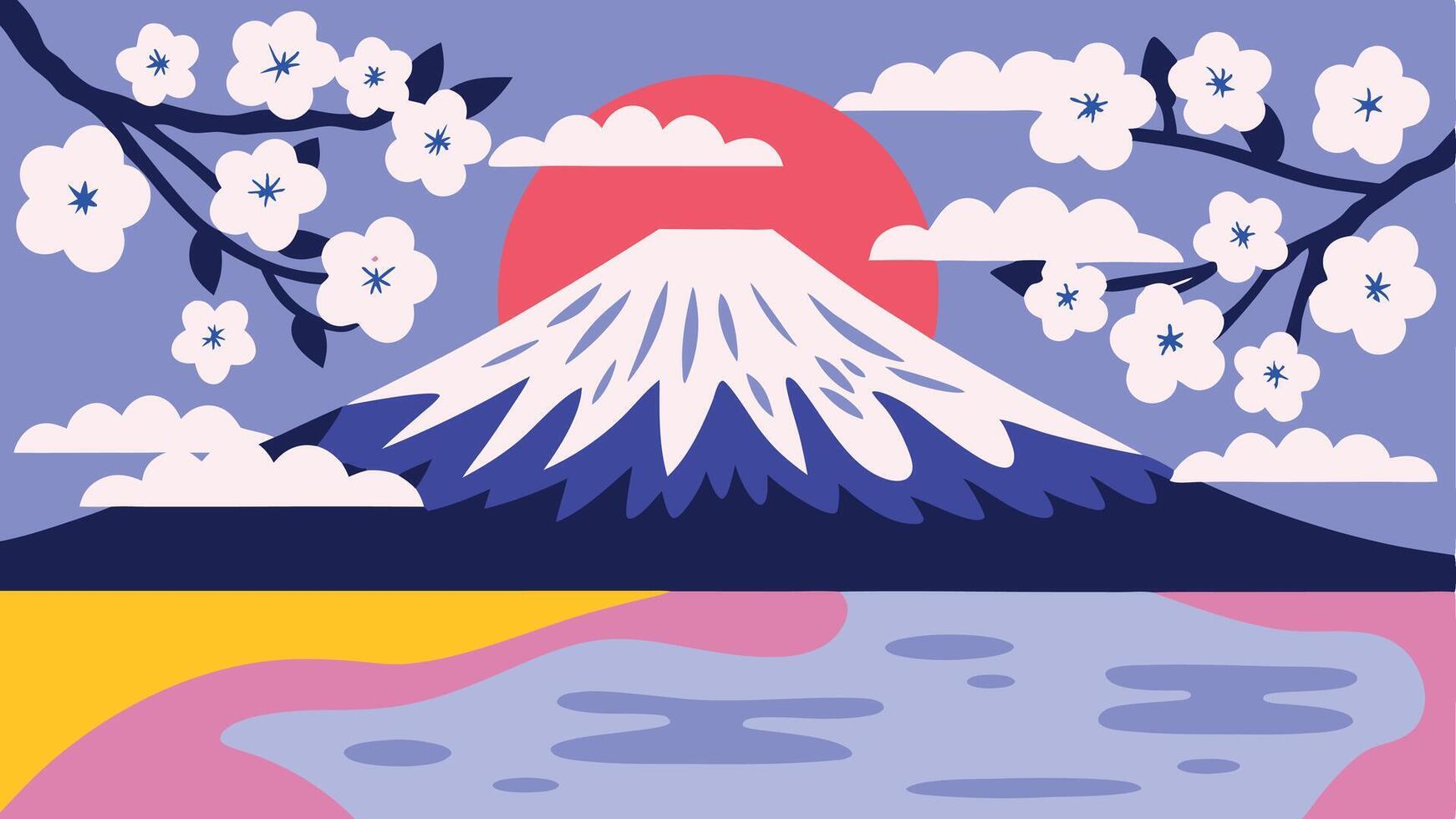 Illustration of mount fuji with cherry blossoms and a red sun in the background vector