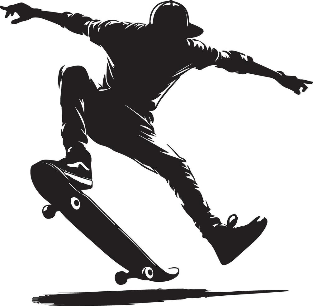 Silhouette of a skateboarder performing a trick with arms outstretched in mid air vector