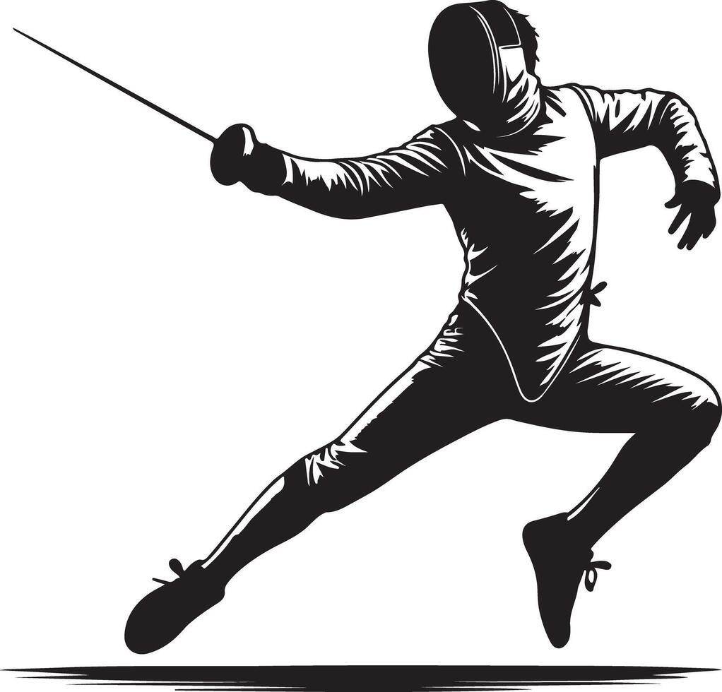 A black and white graphic of a fencer in action with a foil and protective gear on vector