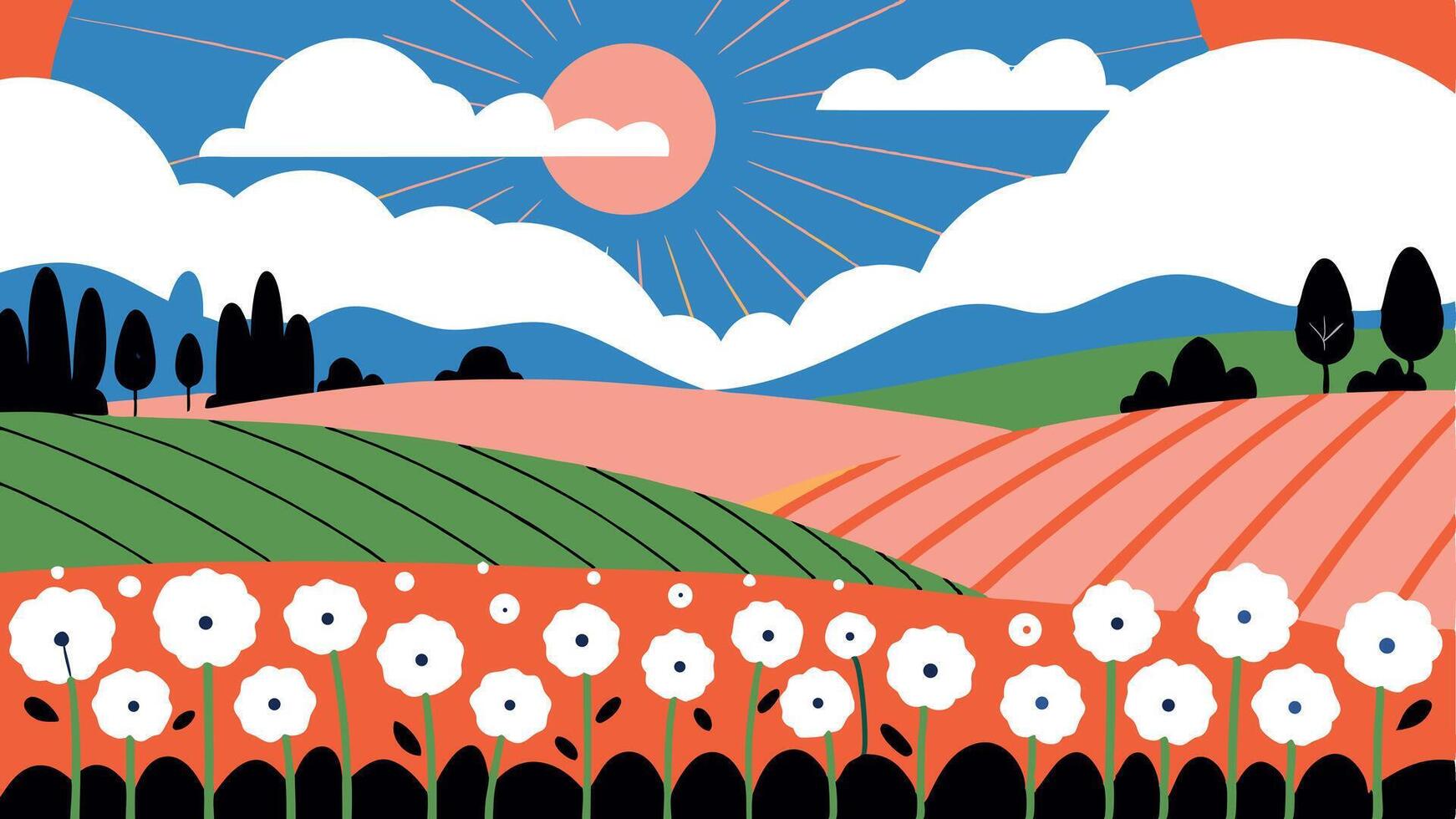Illustrated landscape with fields flowers sun clouds and trees in a vibrant style vector