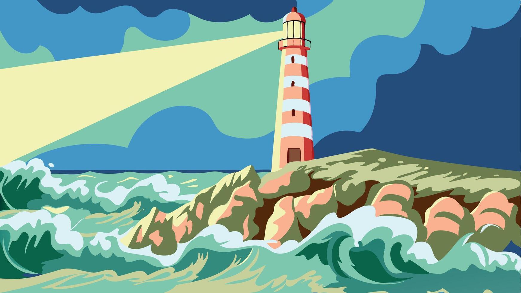 Illustration of a lighthouse on a rocky outcrop with waves and a cloudy sky above vector