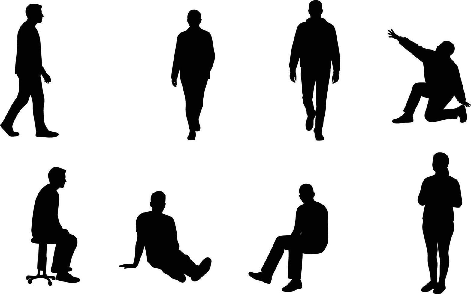 Human silhouette figures in various walking and sitting poses illustration for lifestyle and leisure activities vector