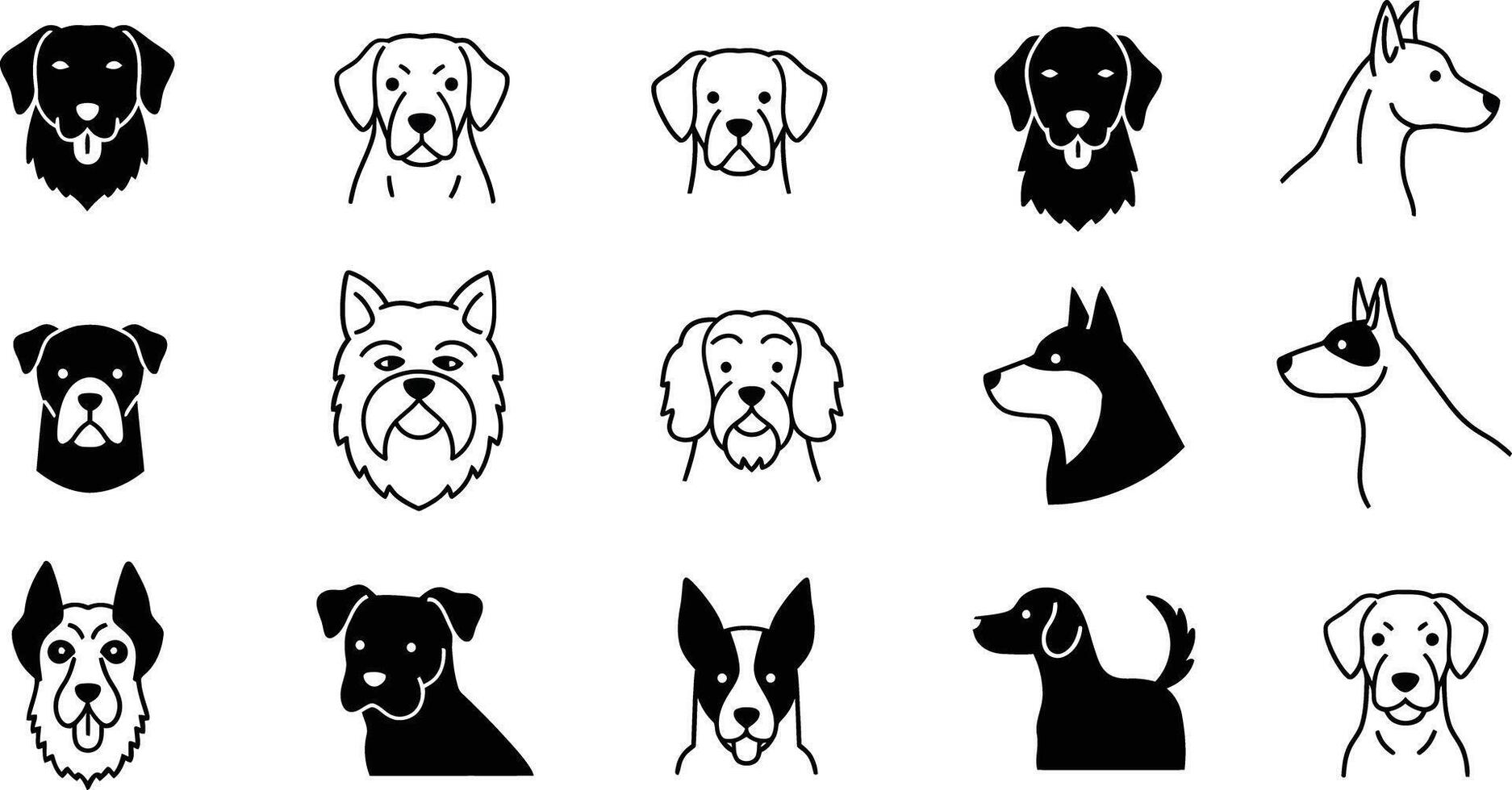 Various dog breed icons in black and white simple style for pet and animal themes vector
