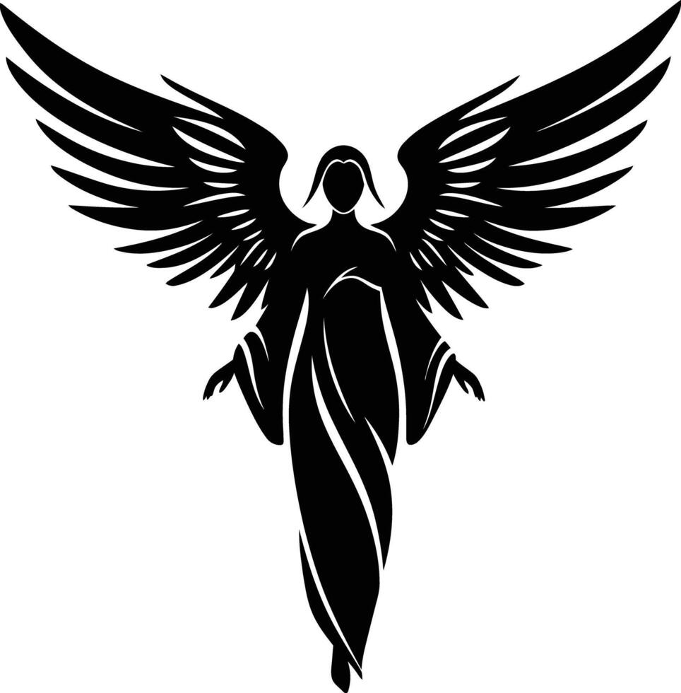 Silhouette of angelic figure with large spread wings in black and white minimalistic style illustration vector