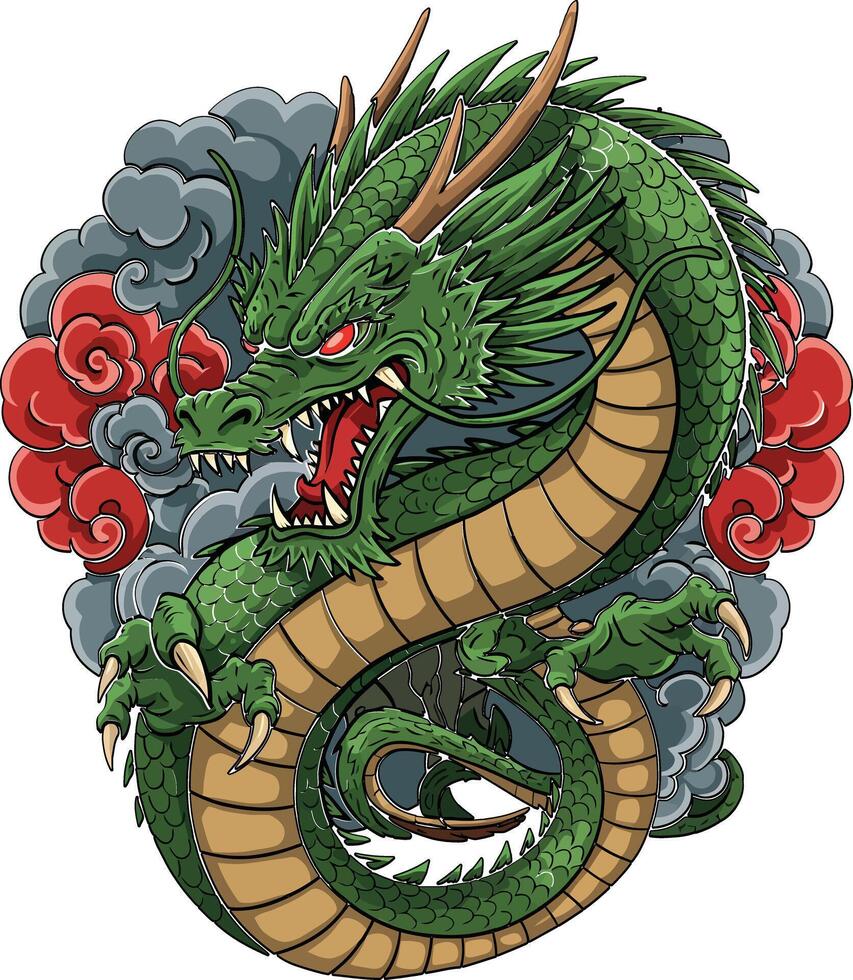 Green dragon with red eyes and smoke clouds illustration in traditional style fantasy art design vector