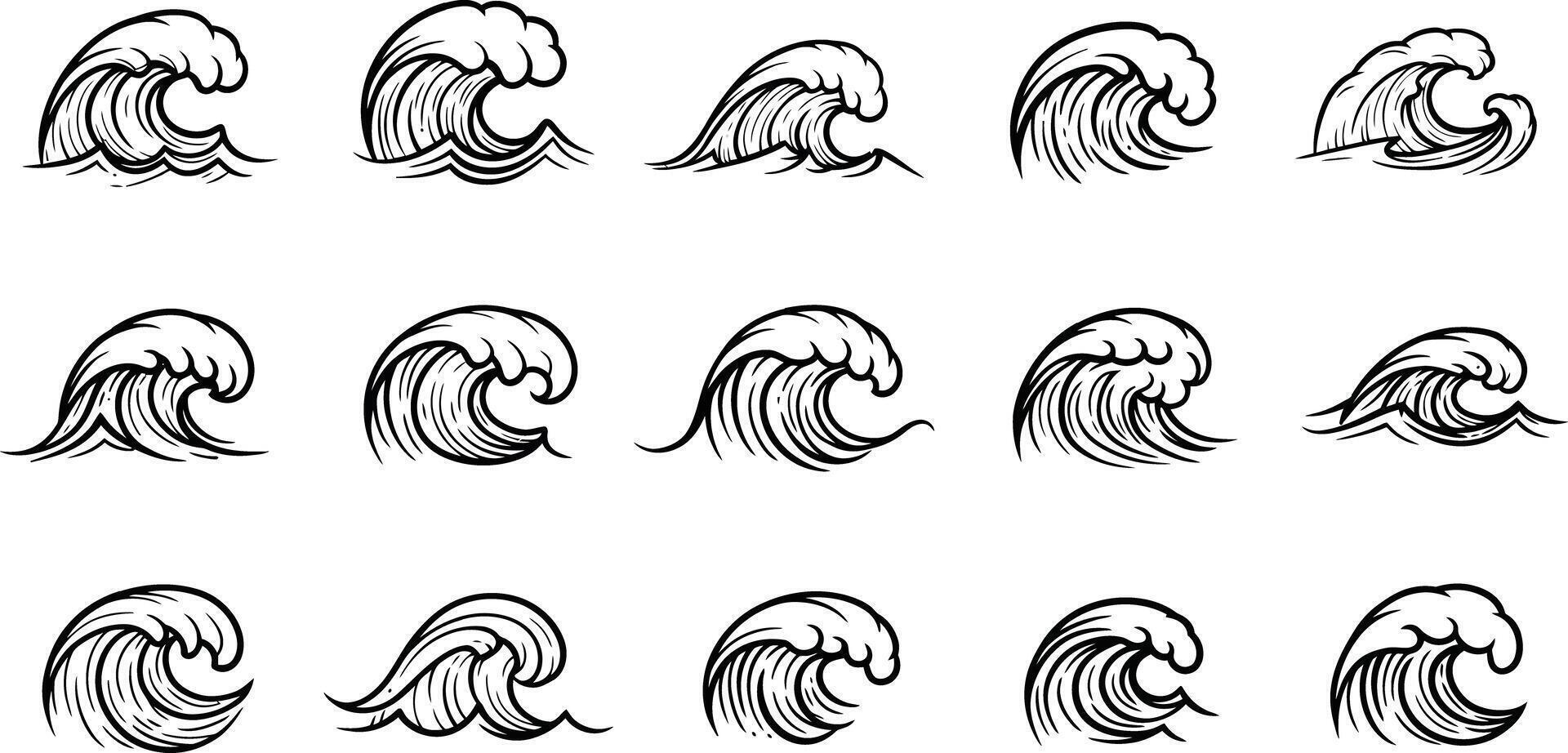 Set of hand drawn ocean wave sketches with vintage style and black ink line art for design and decoration purposes vector