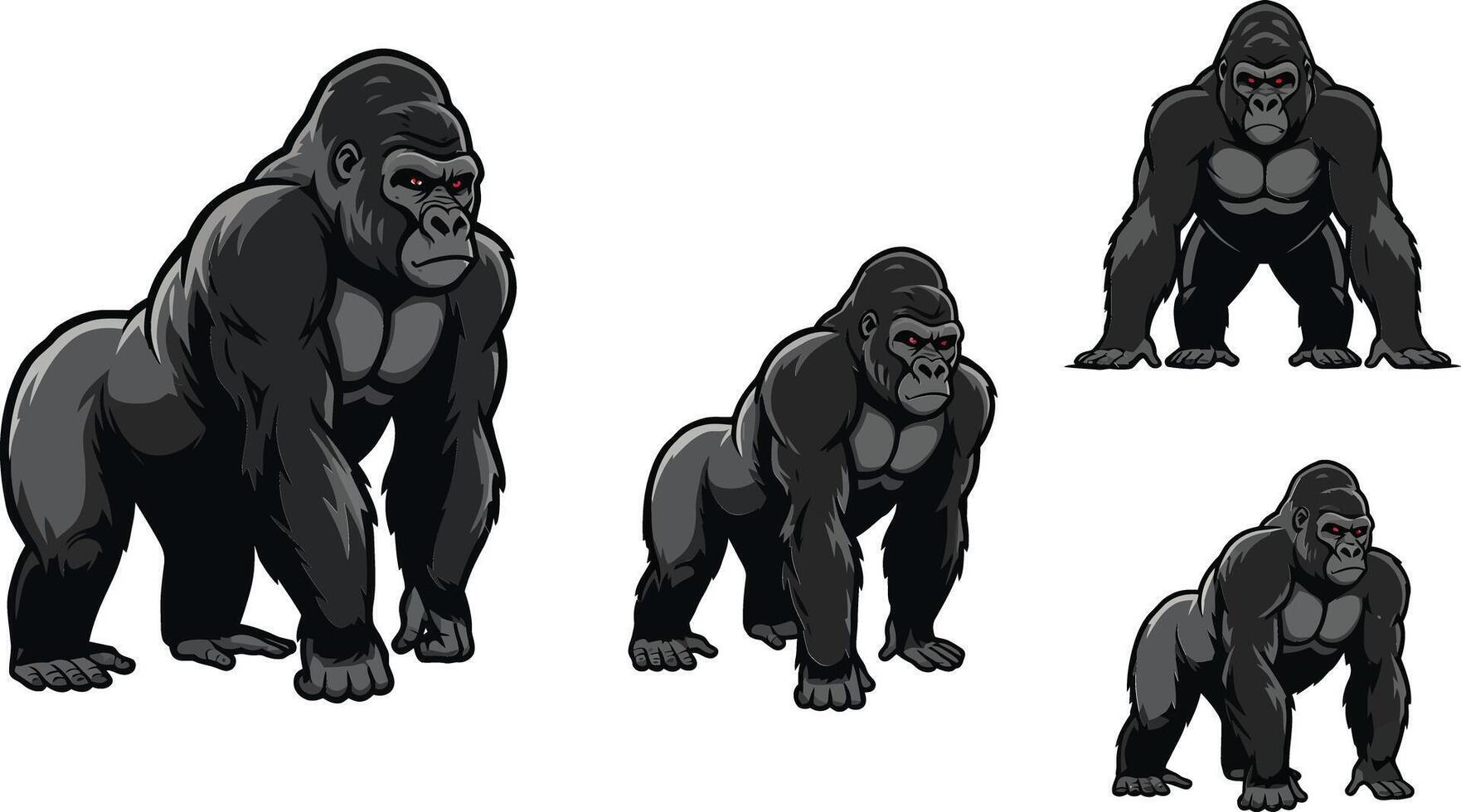 Gorilla illustration set with strong and powerful ape poses in black and white design for wildlife and animal themes vector