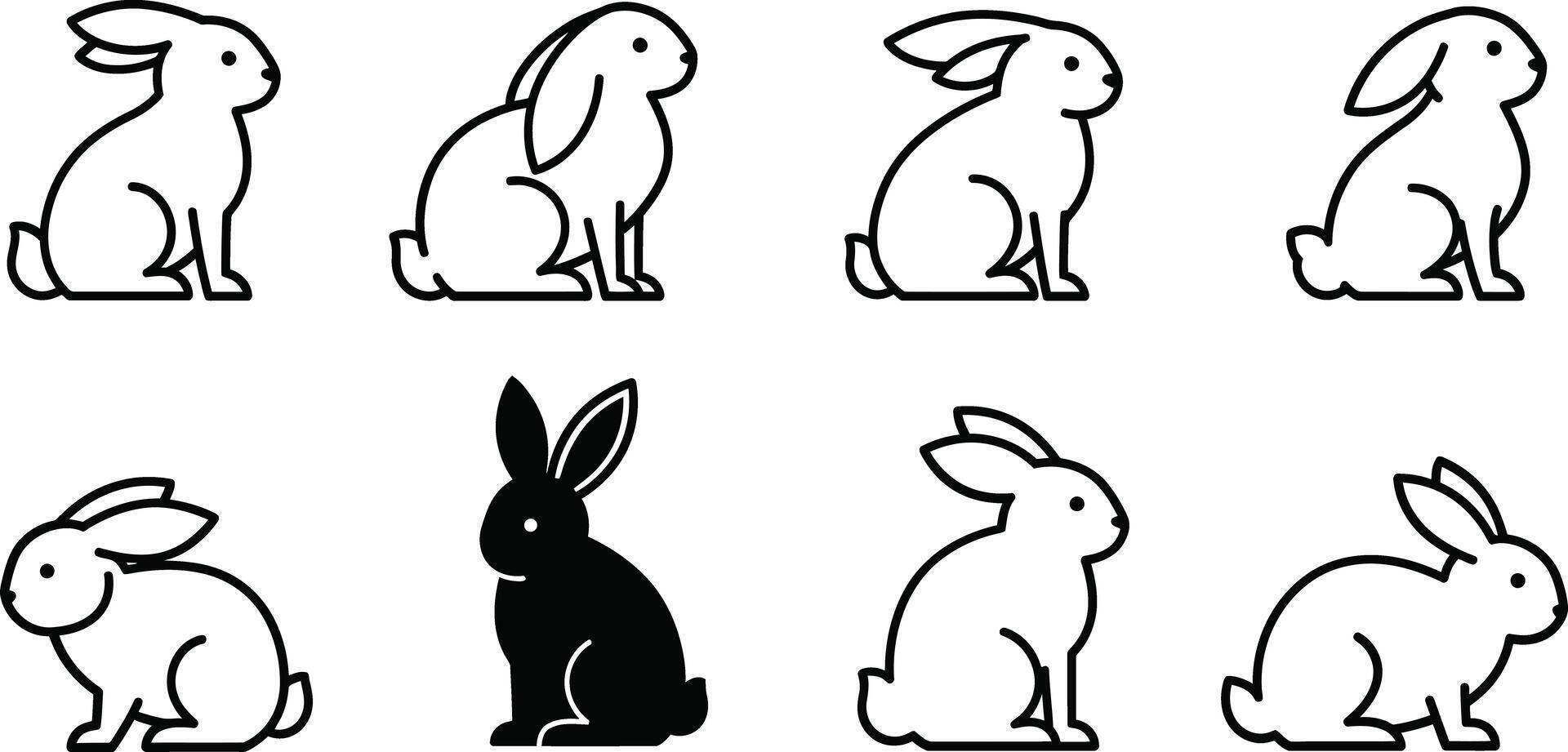 Simple black and white rabbit icons in various poses for animal themed illustrations and design projects vector