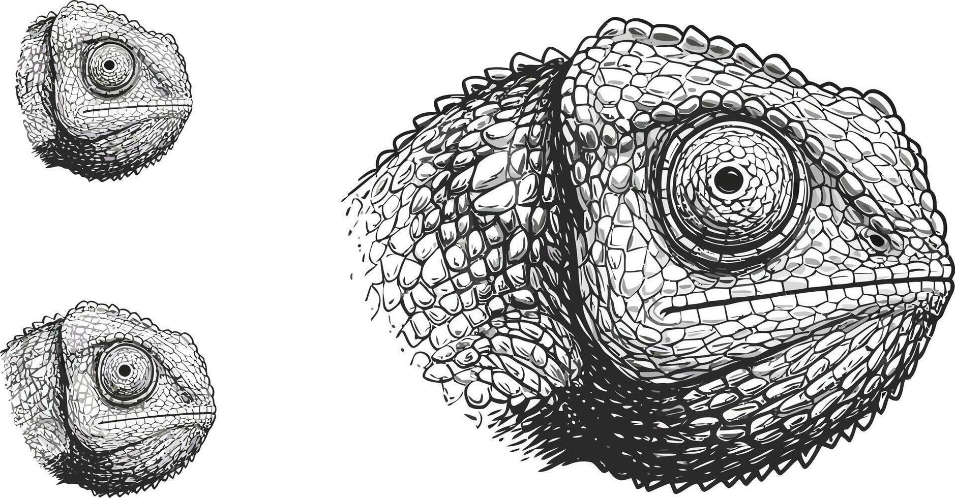 Chameleon Head Detailed Hand Drawn Black and White Illustration Showing Different Angles and Tongue Action vector