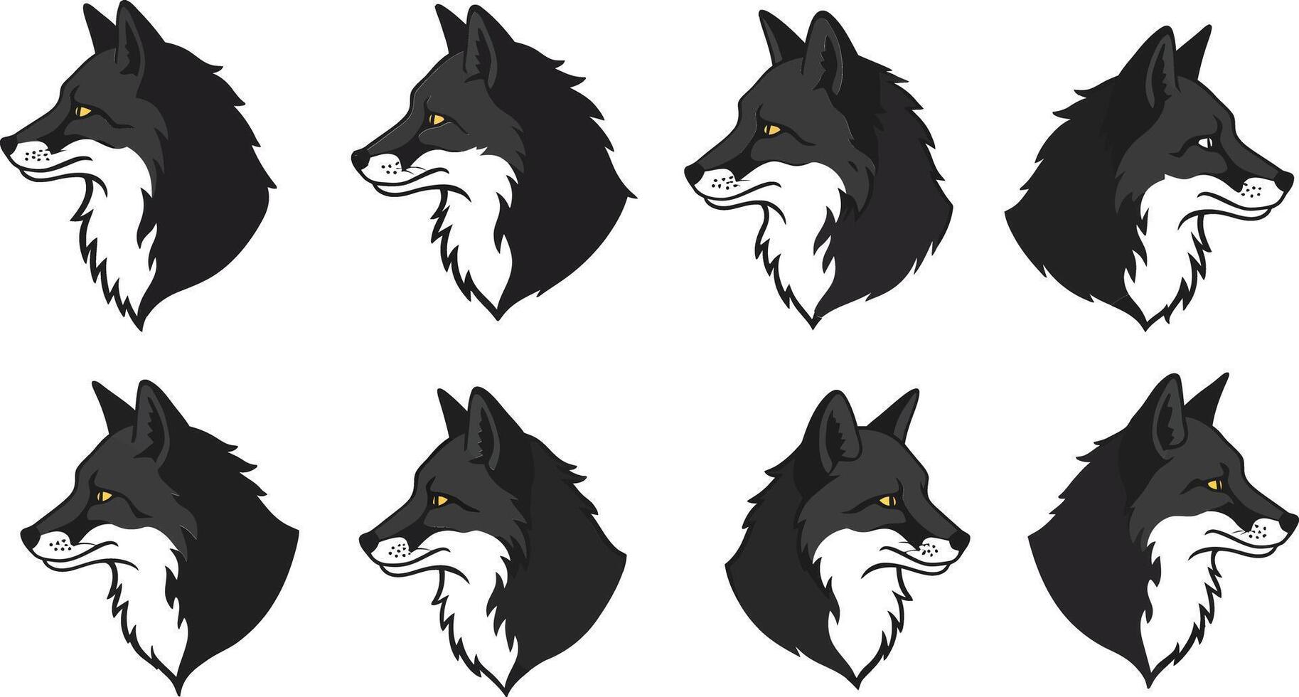 Wolf head profile icons set with black gray fur and yellow eyes illustration for wildlife design vector
