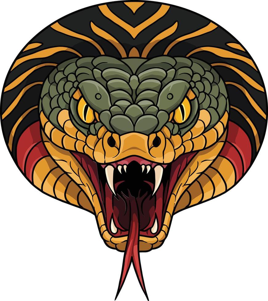 Aggressive green and orange snake head with open mouth showing fangs and forked tongue in detailed illustration vector