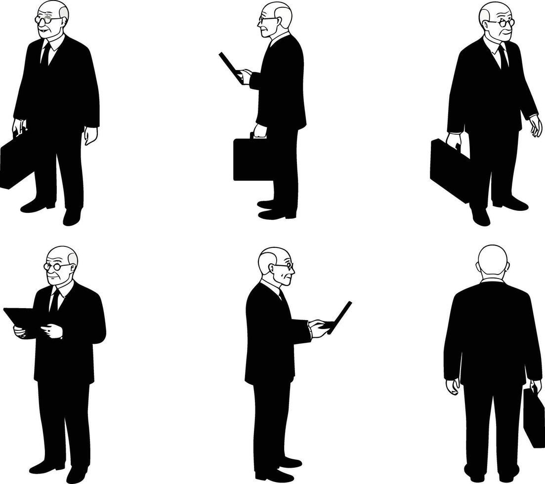 Businessman silhouette set with briefcase and smartphone in various poses for professional work scenes vector