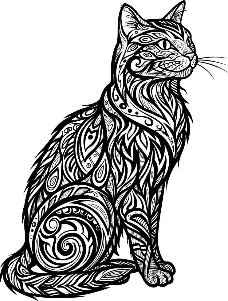 Stylized tribal patterned sitting cat illustration in black and white line art design for artistic decoration and tattoo inspiration vector