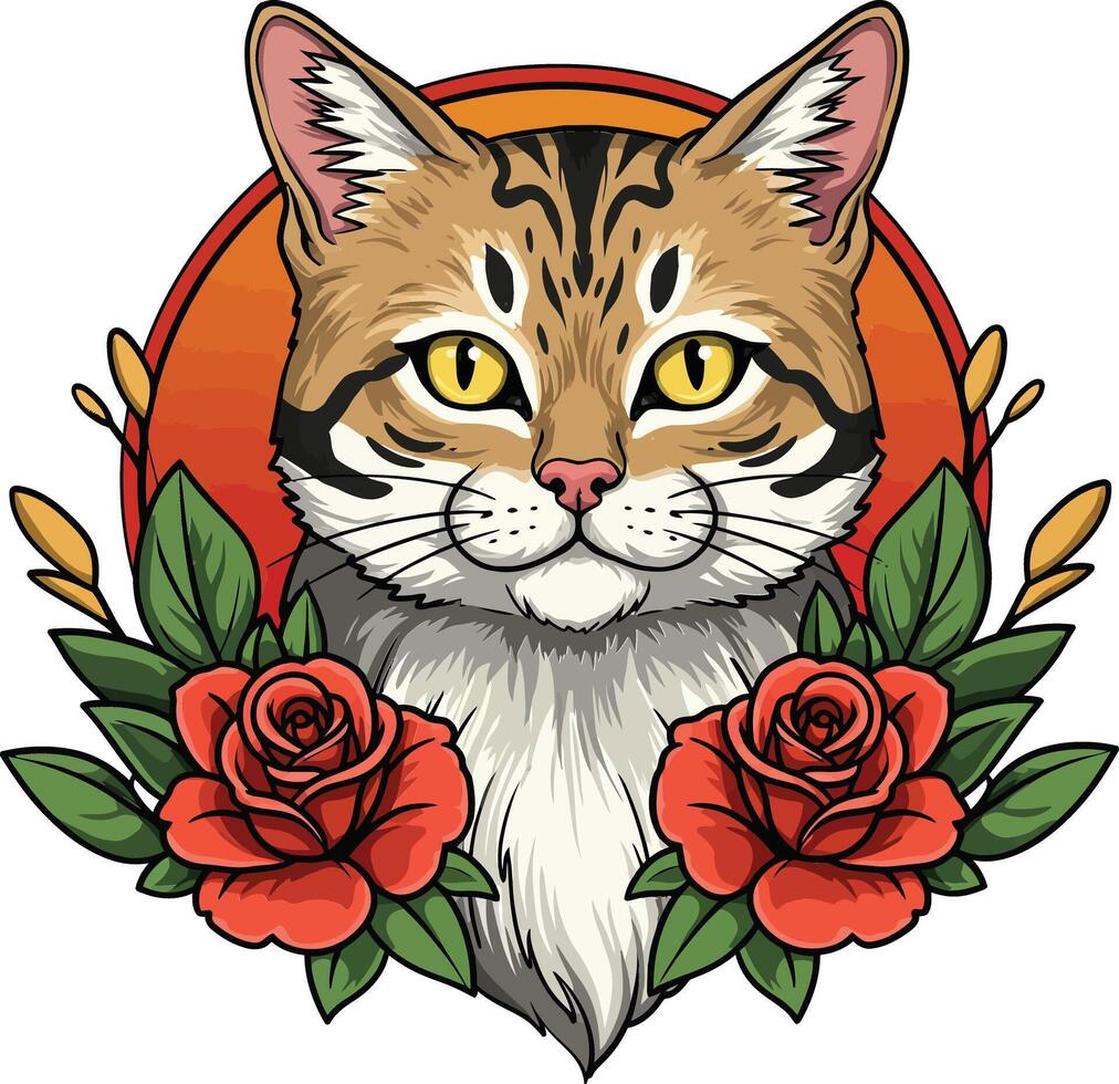 Tabby cat portrait with red roses and green leaves in circular orange background artwork vector