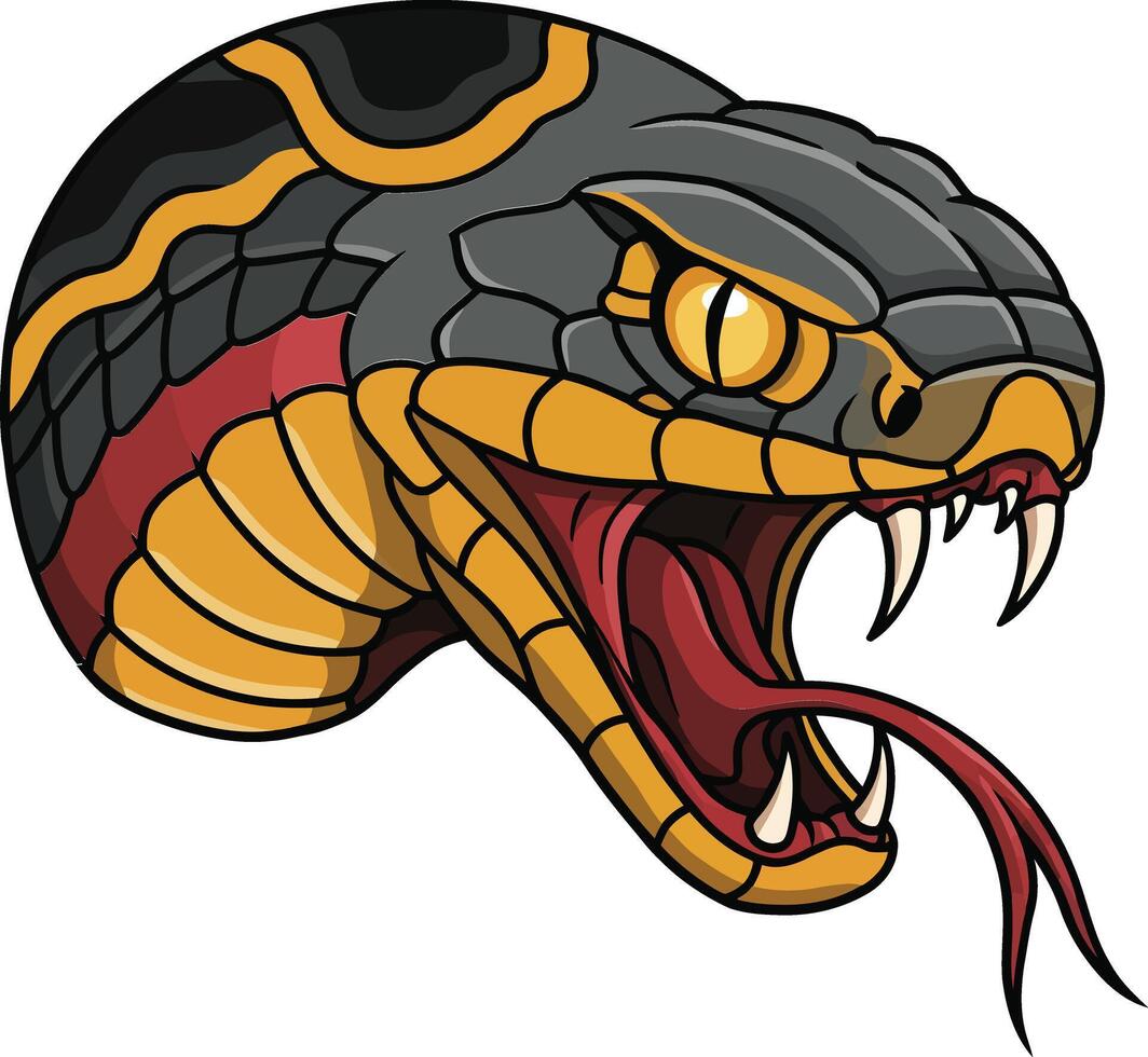 Venomous snake head with open mouth and forked tongue in detailed cartoon style vector