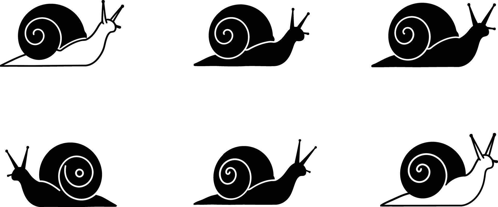 Snail silhouette set with six black and white minimalistic snail icons for nature and animal illustration designs vector