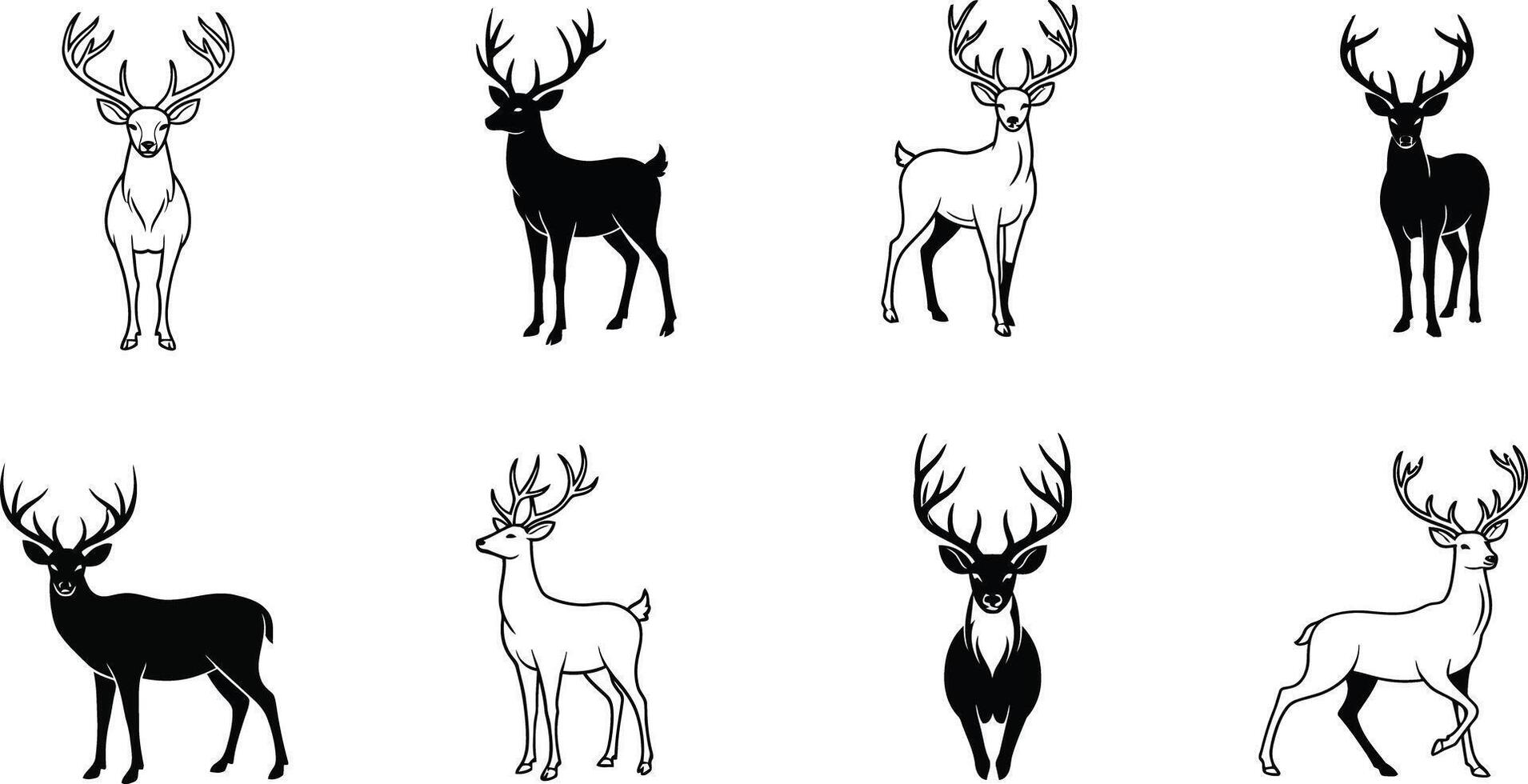 Deer silhouette collection with standing and walking poses in black and white design for wildlife nature illustrations vector