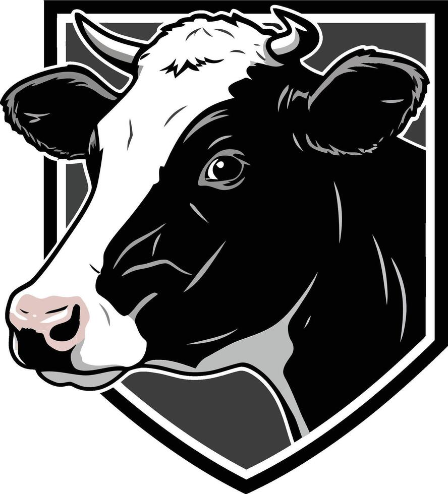 Cow head emblem logo design in black and white for farm and dairy branding illustration vector