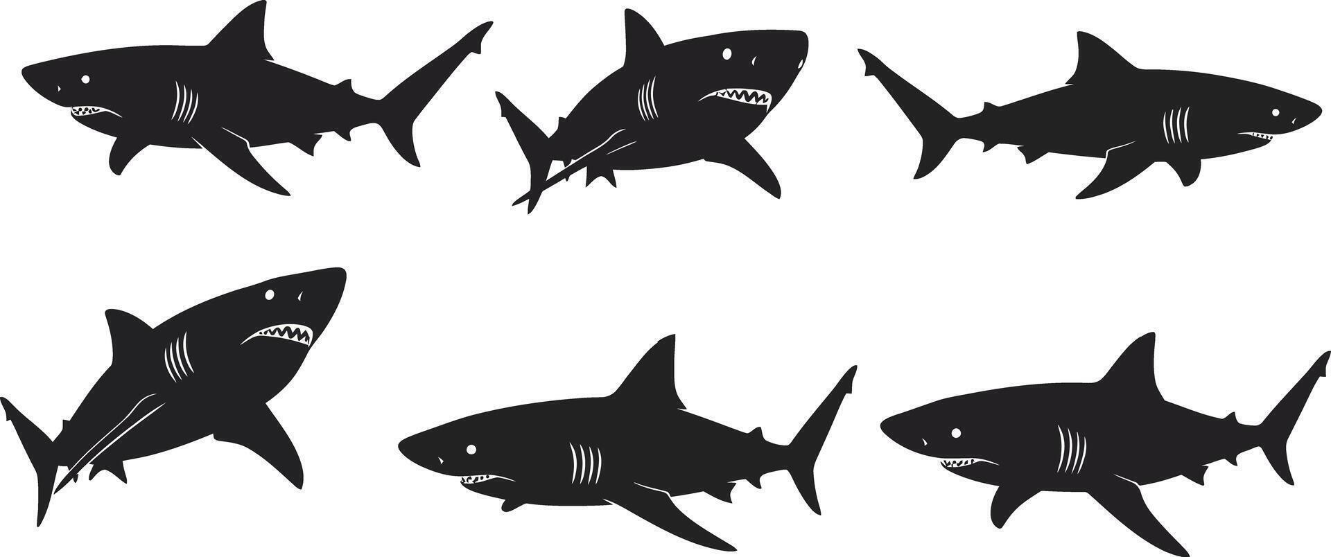 Shark Silhouettes Illustration with Multiple Angles and Simple Black Design for Marine Life Themes vector