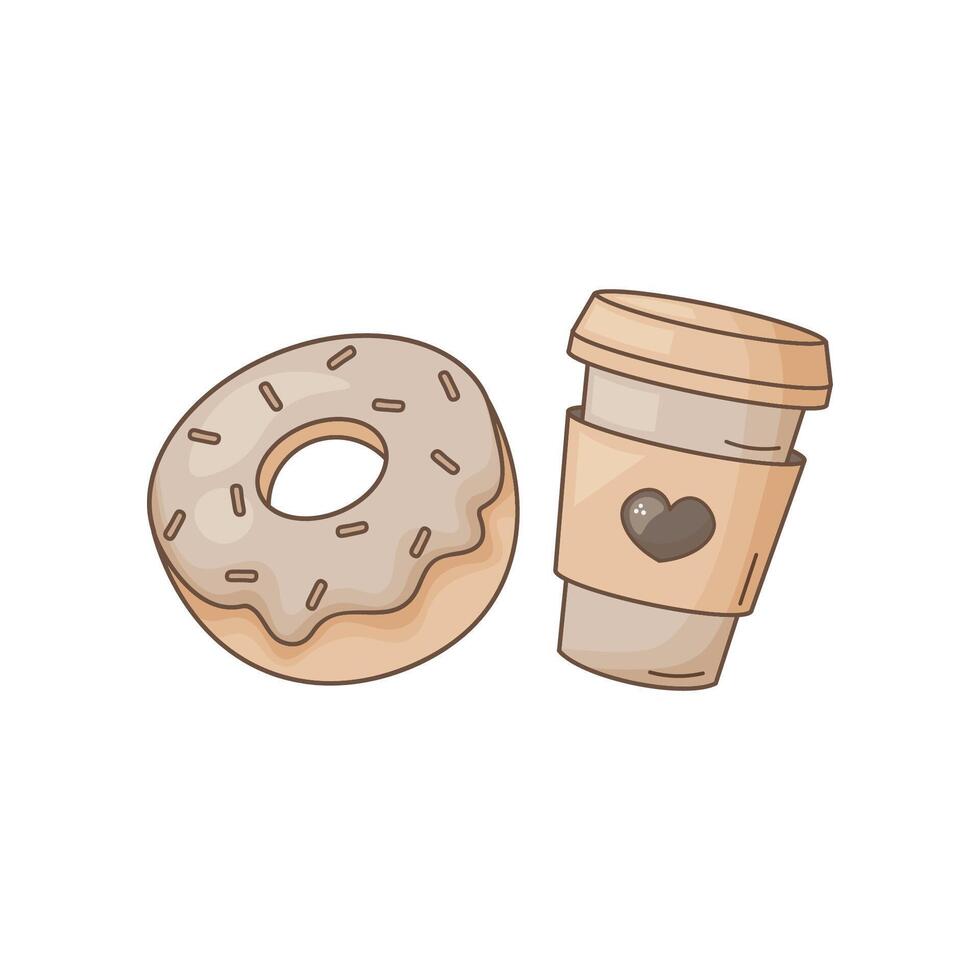 A hand drawn illustration of a coffee to-go cup and donut in beige neutral tones. For cozy cafe branding, food packaging, and warm-themed designs. Isolated image on white background vector