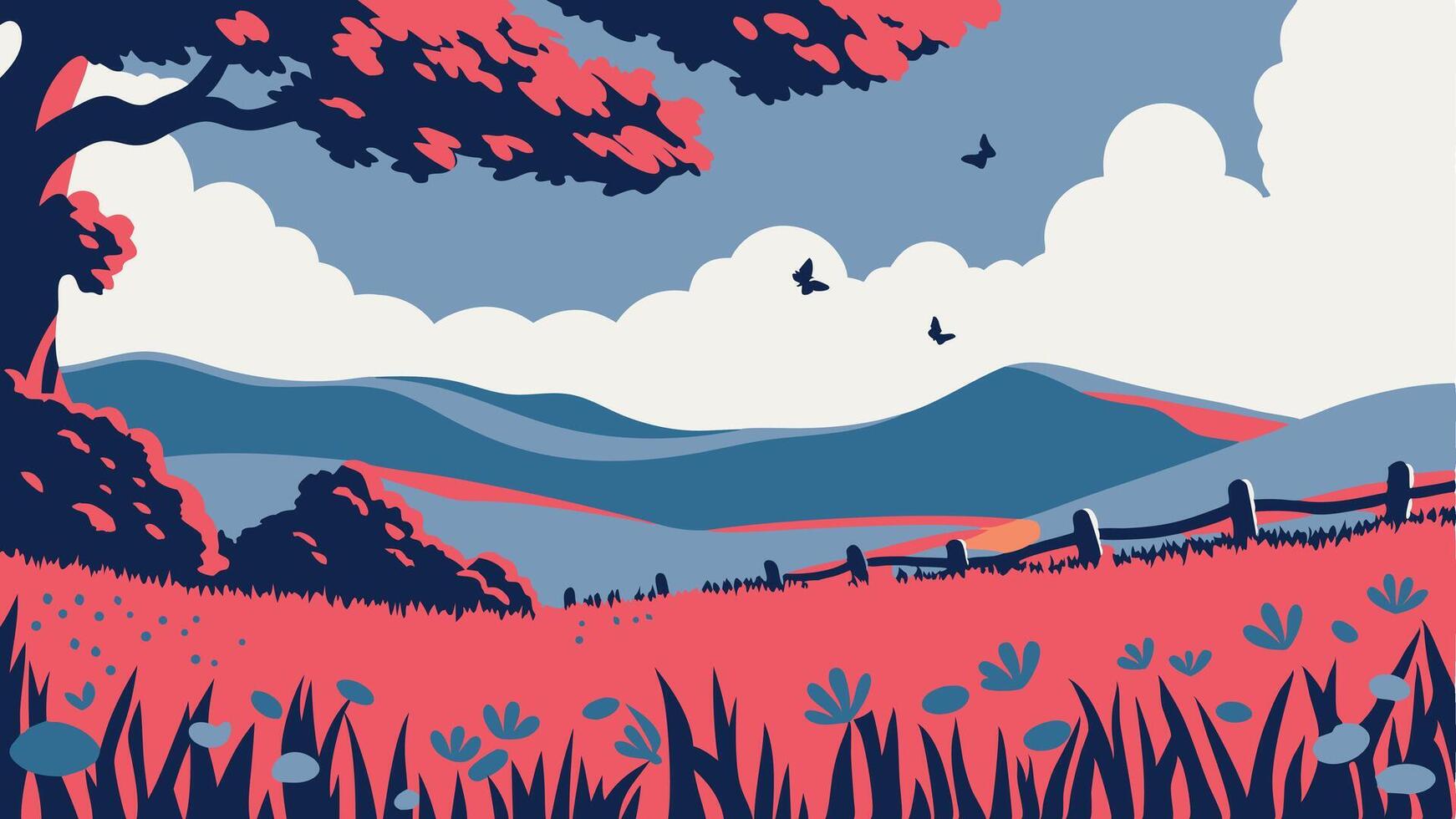 A stylized landscape with rolling hills, a tree, a fence, and flying birds above vector