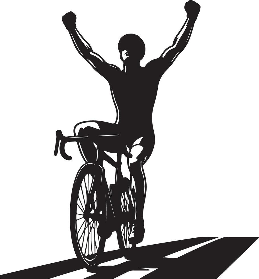 A cyclist in silhouette with arms raised in victory riding a bicycle on a road race vector