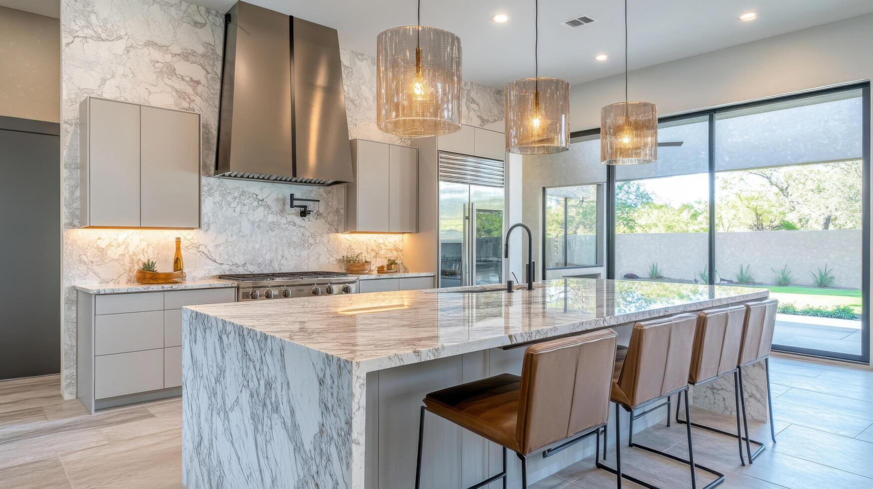 Kitchen Centerpiece Waterfall Marble Island Concept photo