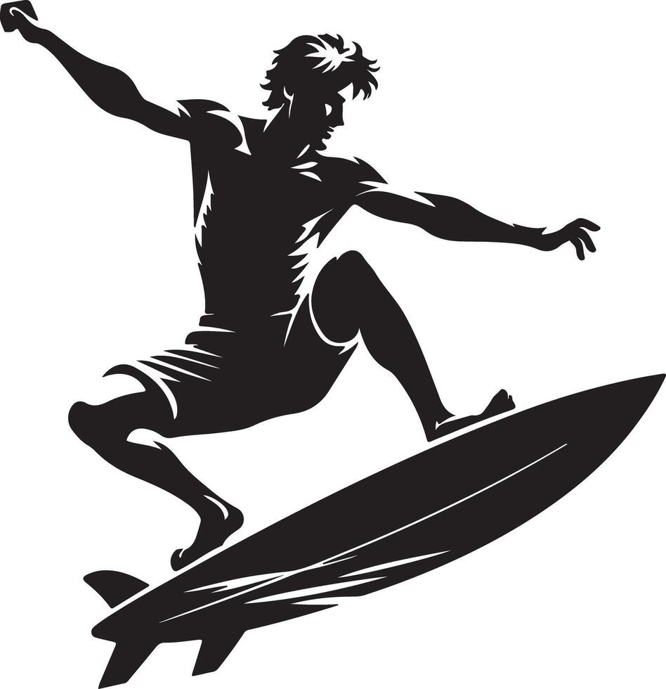Silhouette of a surfer riding a surfboard with an arm raised against white background vector