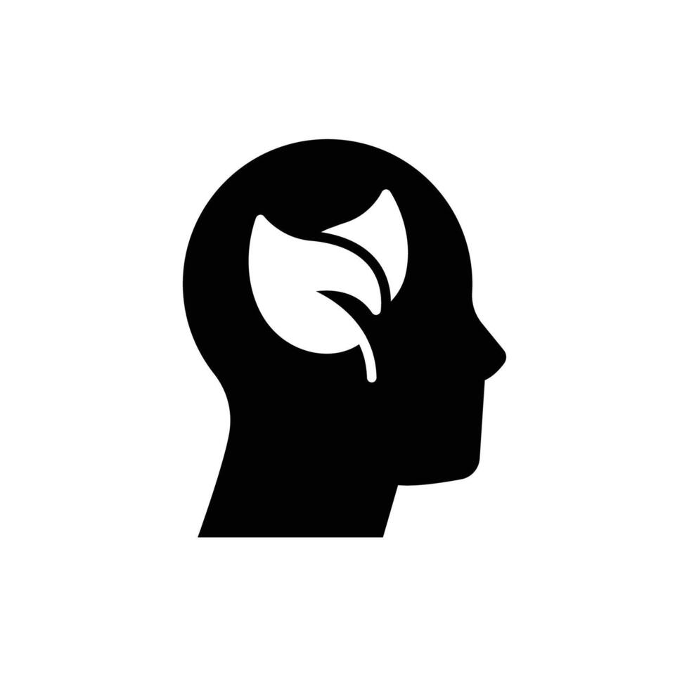 Green thinking solid style. Think green, nature and ecology, person head with leaves, plant, leaf, environment concept. Black silhouette, glyph symbol. Illustration isolated. vector